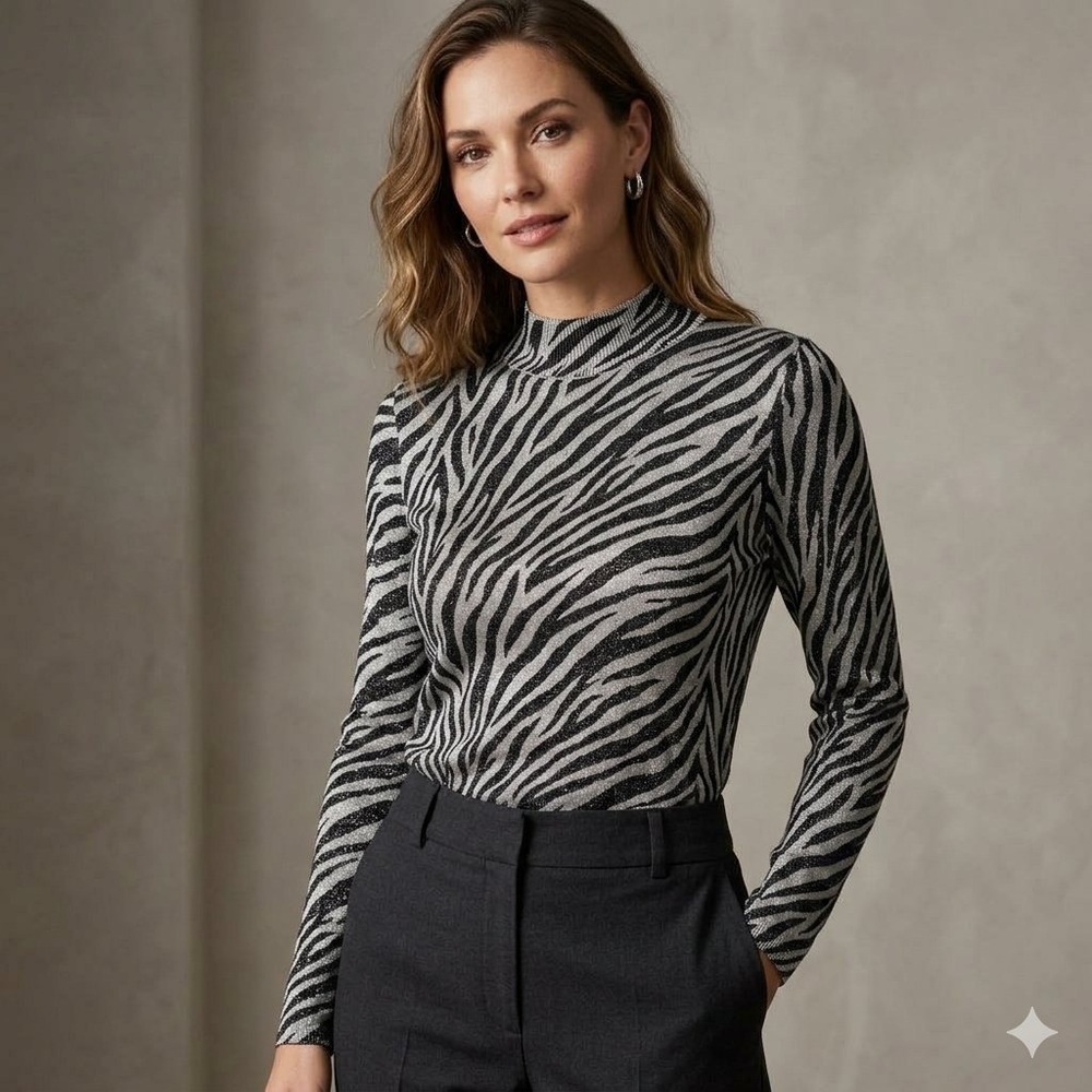 August Silk Women L Zebra Print Silver Metallic Knit Top Silk Blend Glam Party